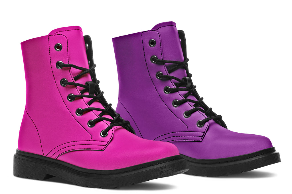 Mismatched boots, one all pink and one all purple.