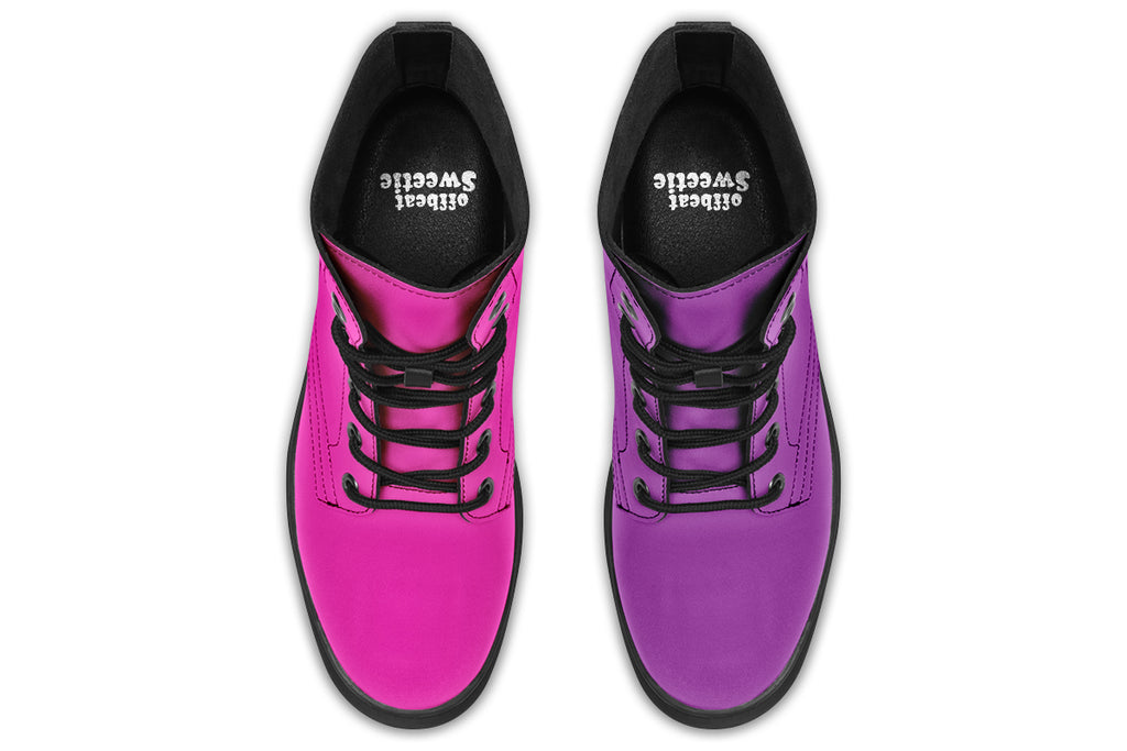 Mismatched boots, one all pink and one all purple.