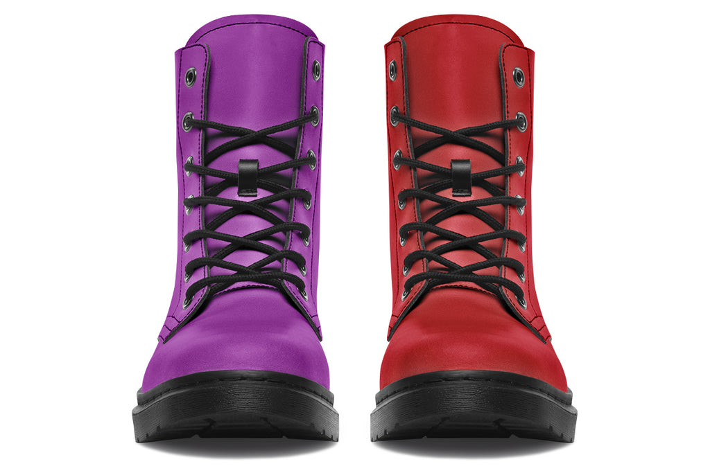 Mismatched boots, one all red and one all purple.