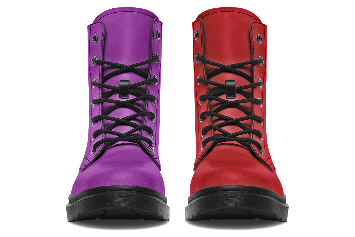 Mismatched boots, one all red and one all purple.
