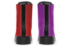 Mismatched boots, one all red and one all purple.