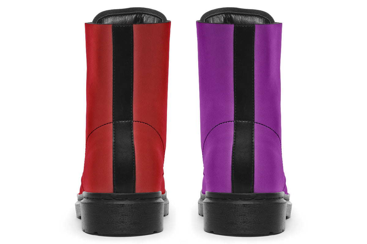 Mismatched boots, one all red and one all purple.