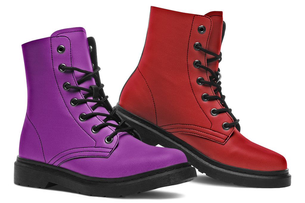 Mismatched boots, one all red and one all purple.