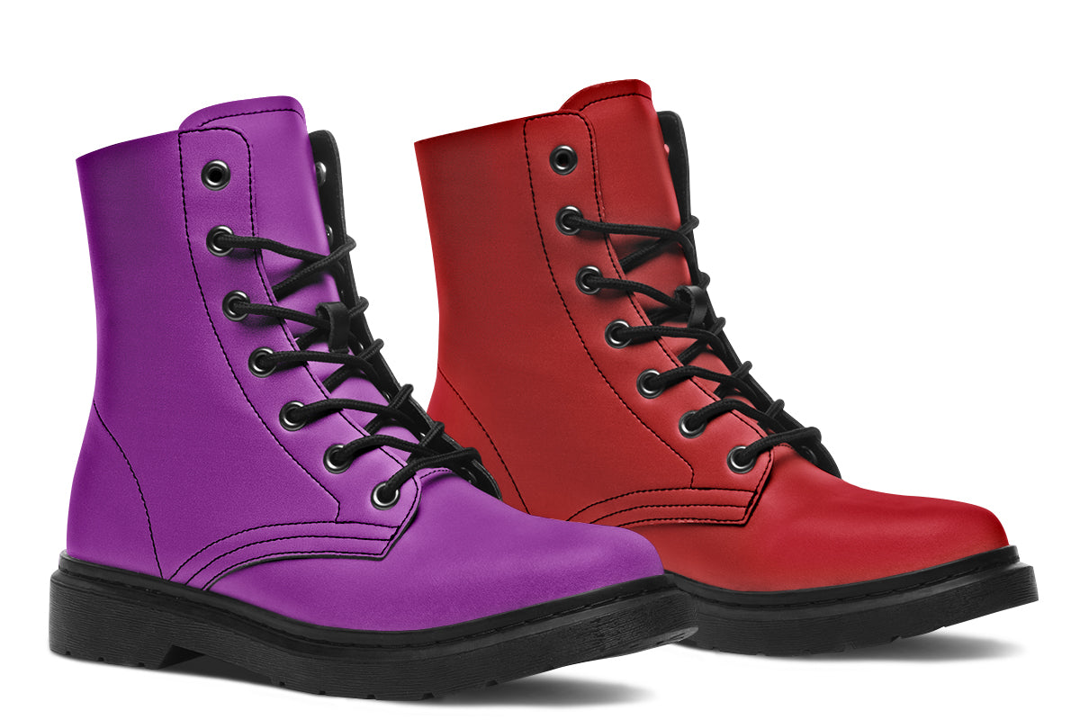 Mismatched boots, one all red and one all purple.