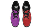 Mismatched boots, one all red and one all purple.