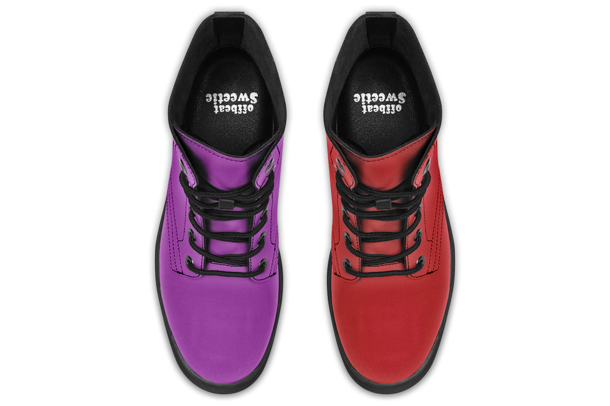 Mismatched boots, one all red and one all purple.