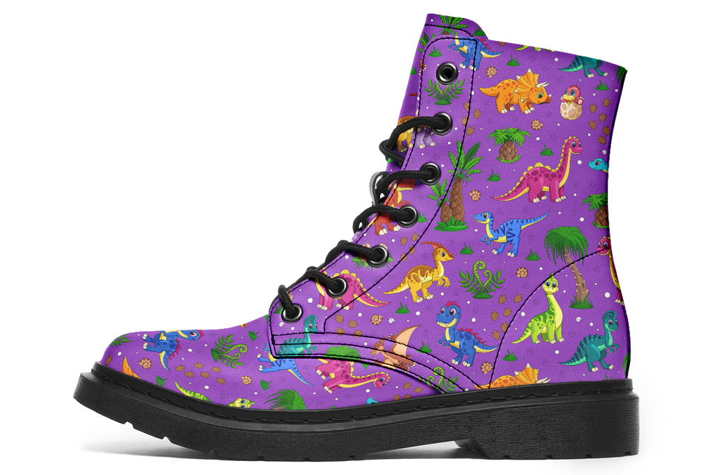 Purple boots with a pattern of different coloured cute baby dinosaurs, prehistoric-looking trees and dinosaur eggs