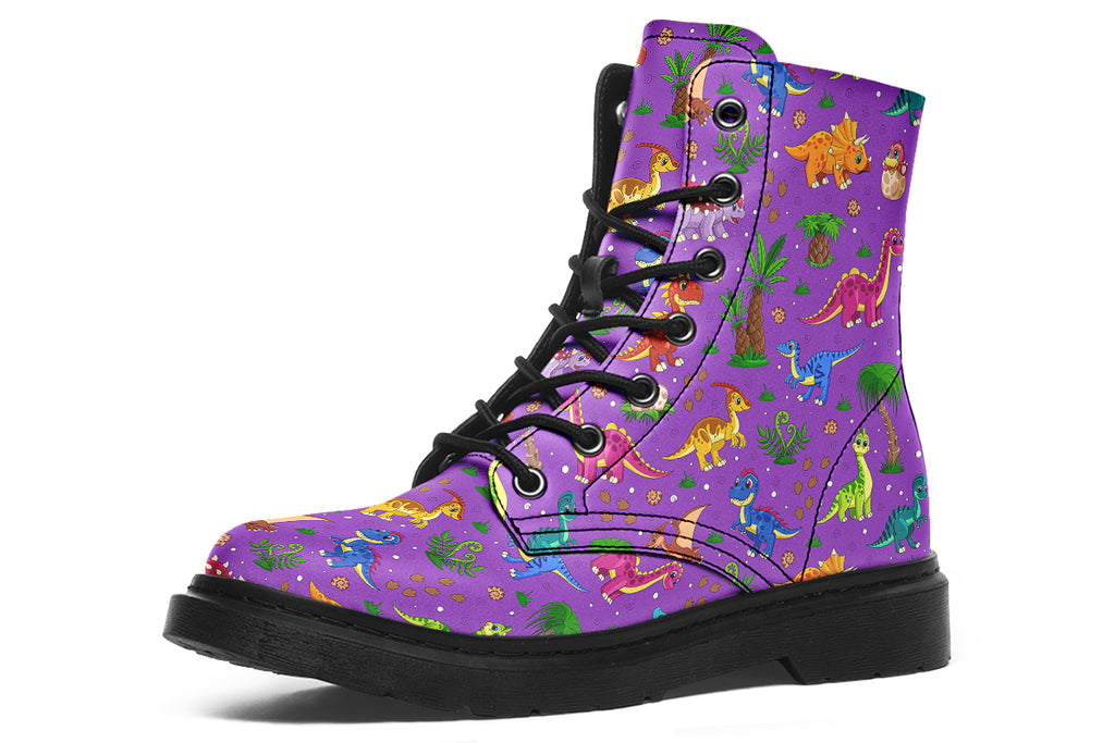 Purple boots with a pattern of different coloured cute baby dinosaurs, prehistoric-looking trees and dinosaur eggs