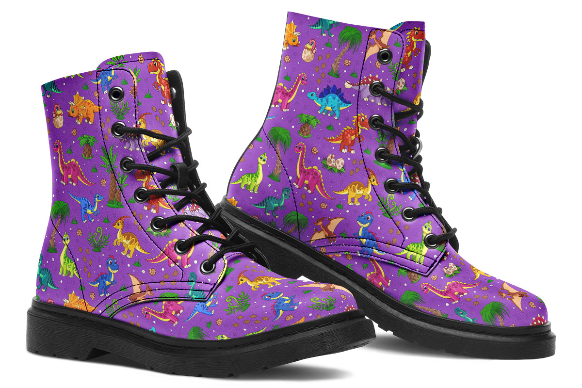 Purple boots with a pattern of different coloured cute baby dinosaurs, prehistoric-looking trees and dinosaur eggs