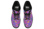 Purple boots with a pattern of different coloured cute baby dinosaurs, prehistoric-looking trees and dinosaur eggs