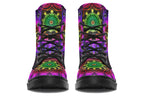 Boots featuring a vibrant, almost neon mandala pattern in a gradient of green, yellow, red, pink and purple on a black background.