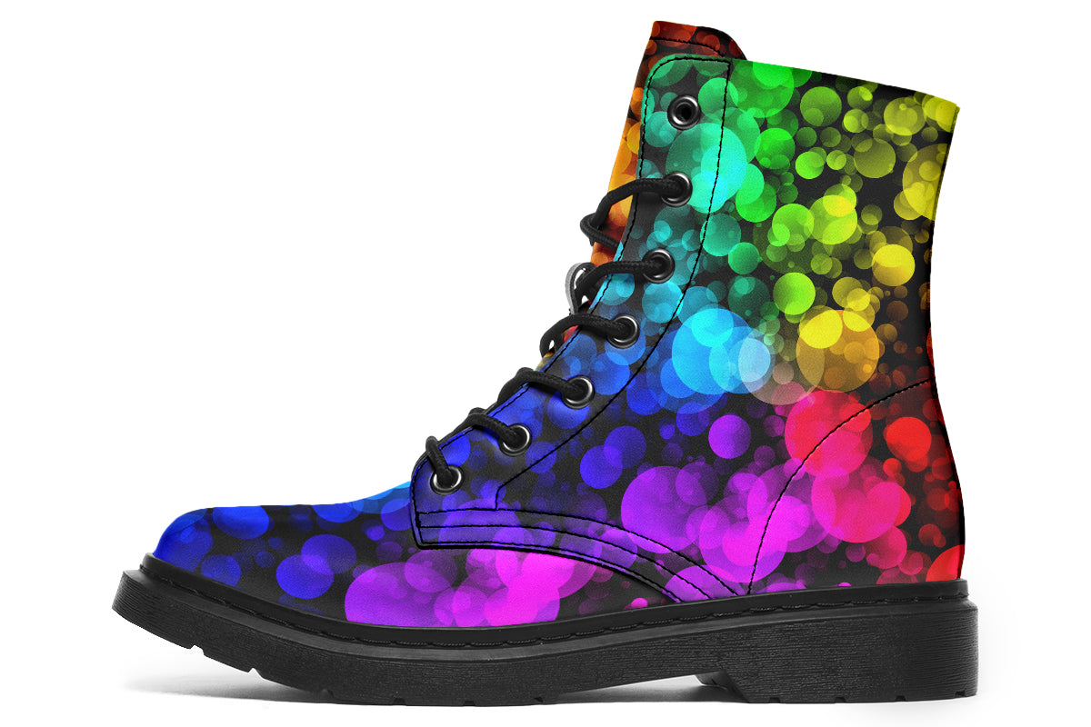 Black boots with a pattern of different coloured bubbles