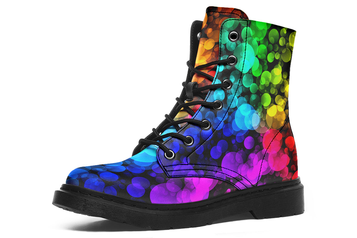 Black boots with a pattern of different coloured bubbles