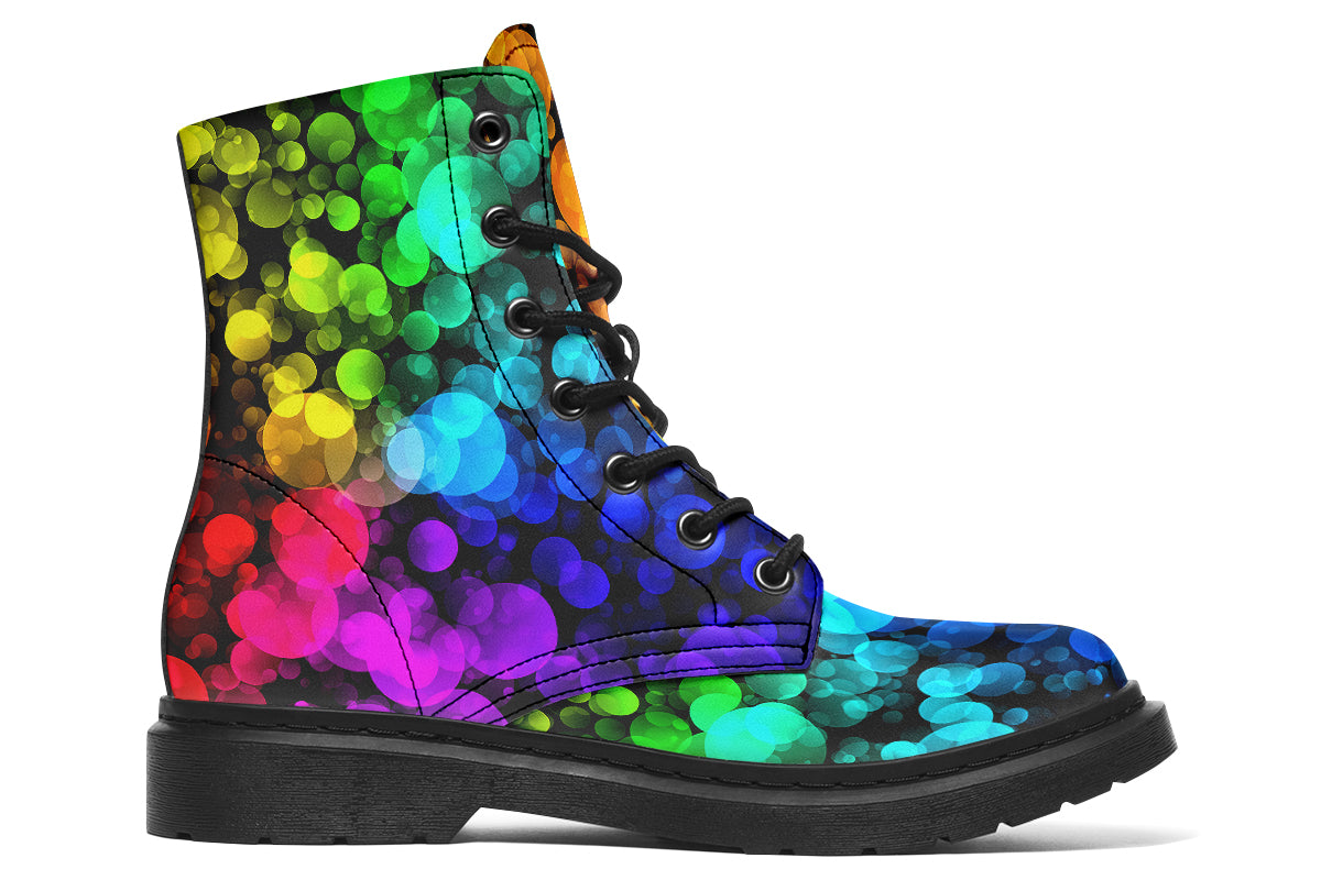 Black boots with a pattern of different coloured bubbles