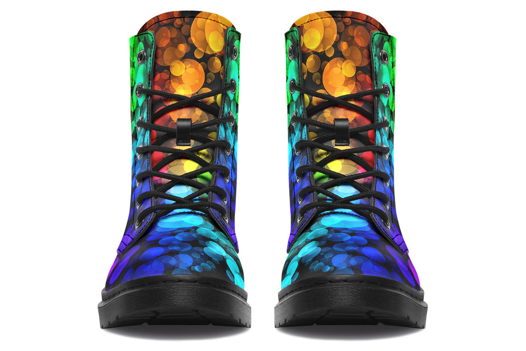 Black boots with a pattern of different coloured bubbles