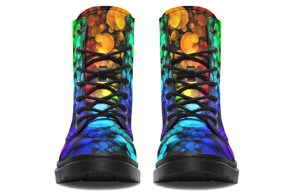 Black boots with a pattern of different coloured bubbles