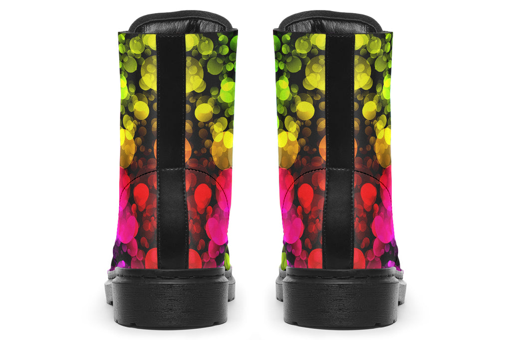 Black boots with a pattern of different coloured bubbles