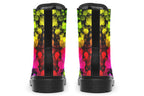 Black boots with a pattern of different coloured bubbles