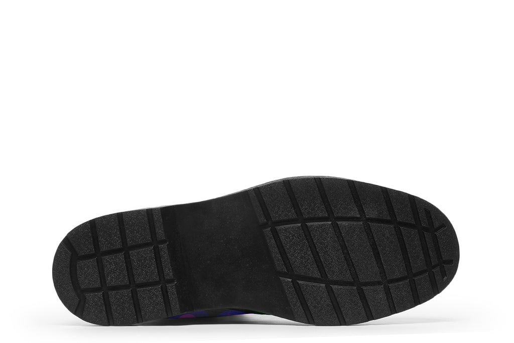 Black boots with a pattern of different coloured bubbles