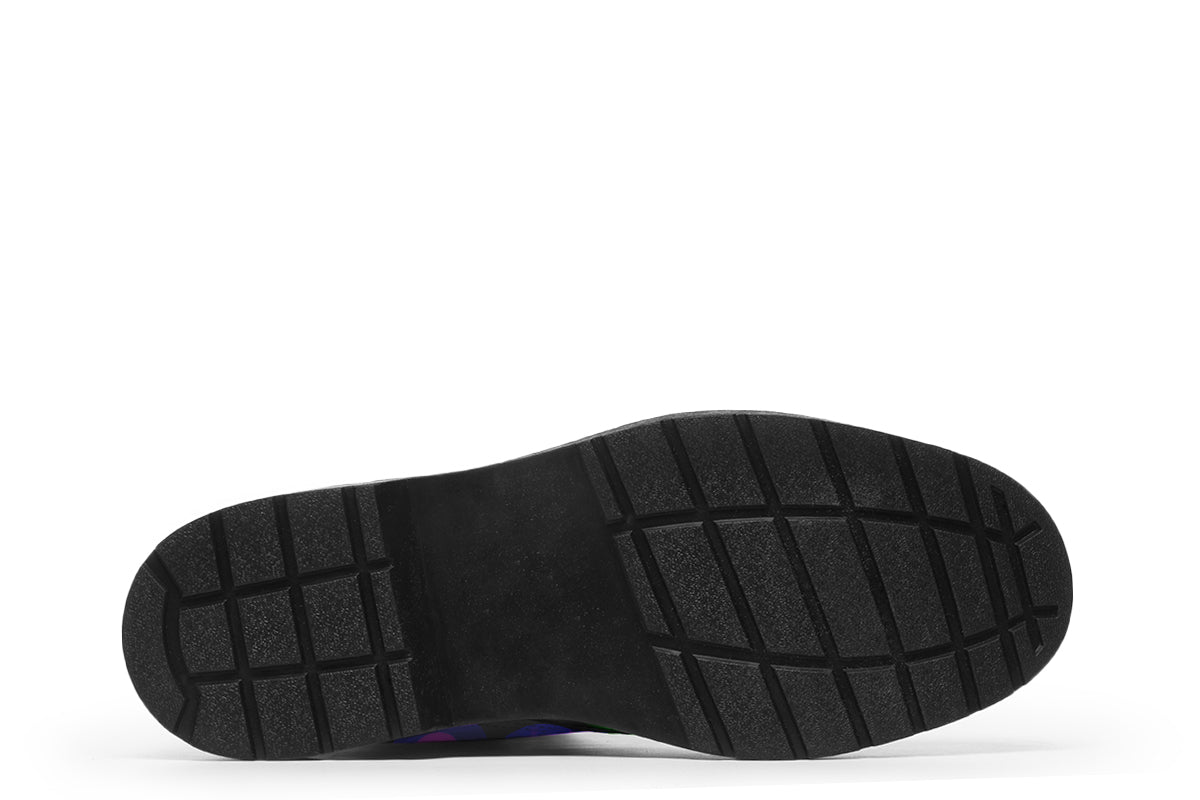 Black boots with a pattern of different coloured bubbles