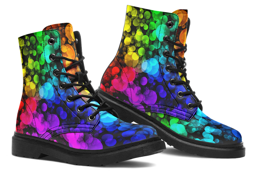 Black boots with a pattern of different coloured bubbles
