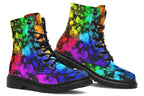 Black boots with a pattern of different coloured bubbles