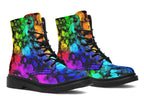Black boots with a pattern of different coloured bubbles