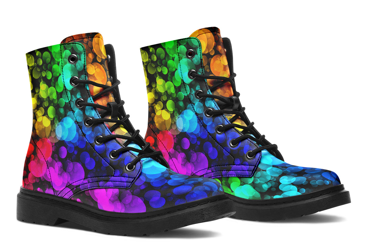 Black boots with a pattern of different coloured bubbles