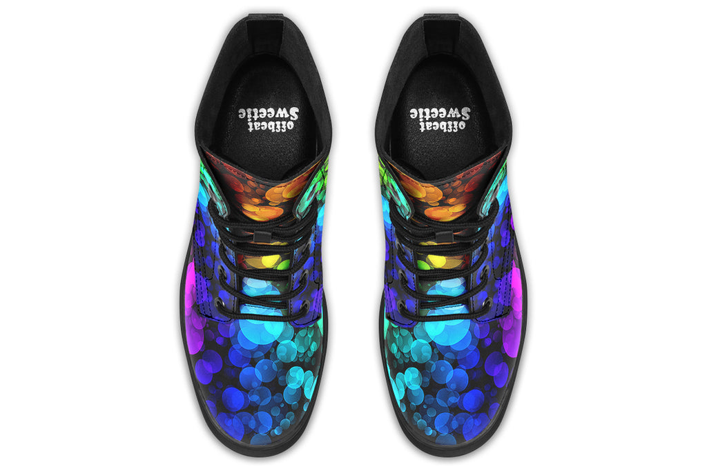 Black boots with a pattern of different coloured bubbles