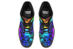 Black boots with a pattern of different coloured bubbles