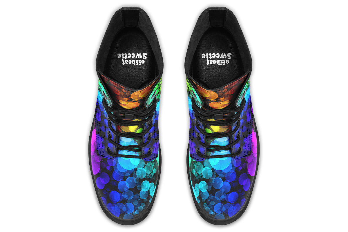 Black boots with a pattern of different coloured bubbles