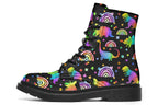 Black boots with colourful rainbow gradient dinosaur pattern