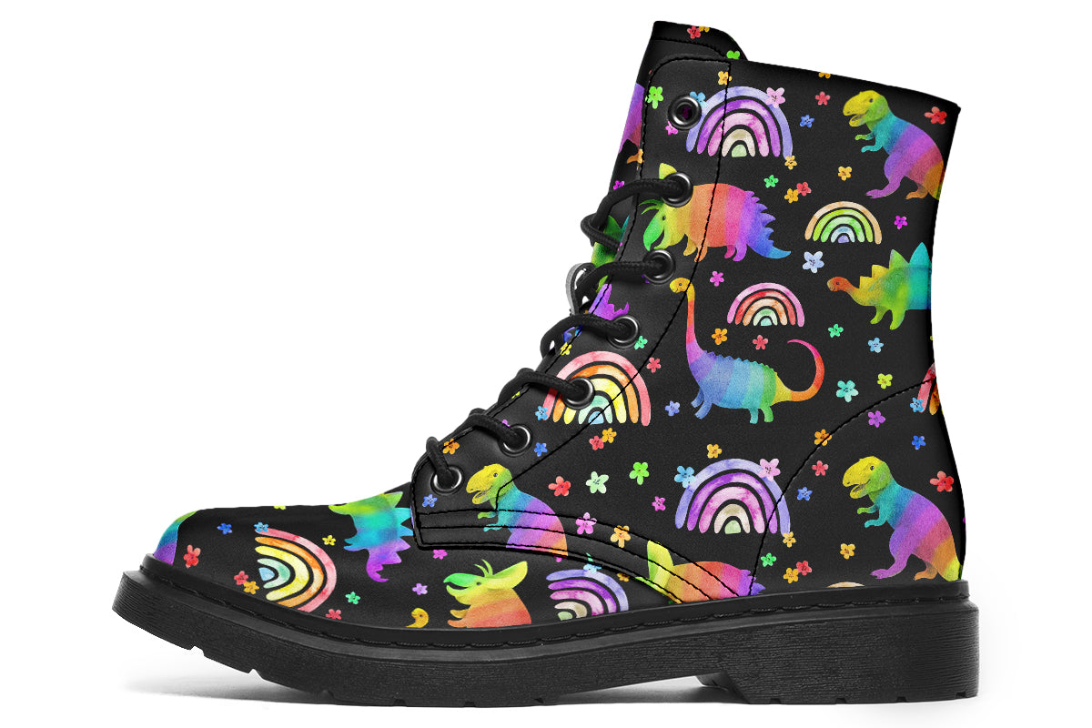 Black boots with colourful rainbow gradient dinosaur pattern