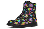 Black boots with colourful rainbow gradient dinosaur pattern