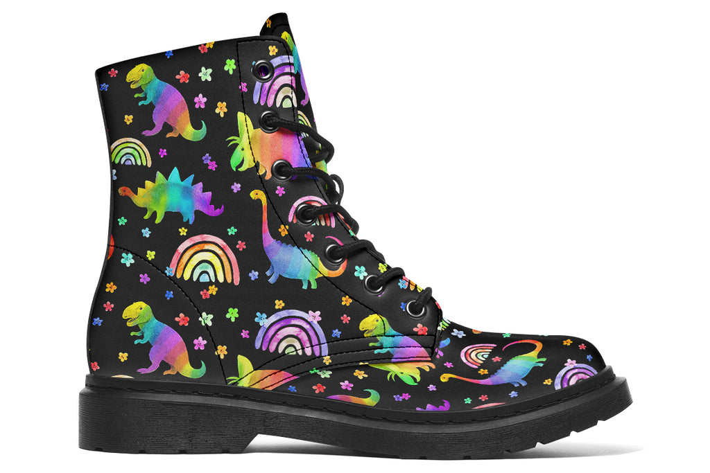 Black boots with colourful rainbow gradient dinosaur pattern