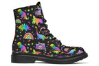 Black boots with colourful rainbow gradient dinosaur pattern
