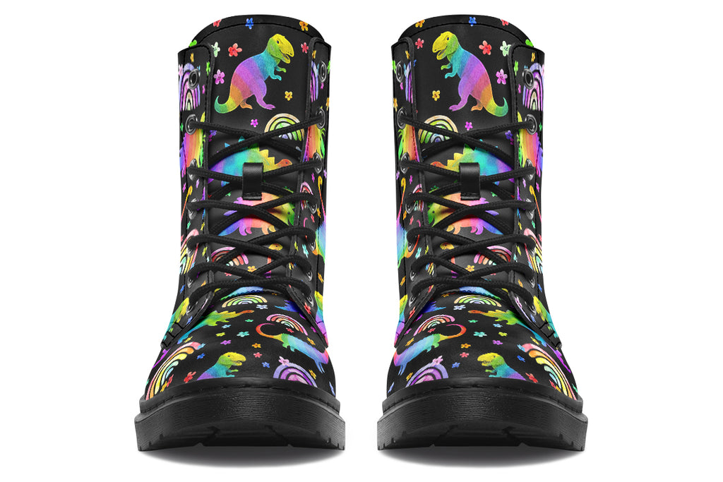 Black boots with colourful rainbow gradient dinosaur pattern