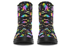Black boots with colourful rainbow gradient dinosaur pattern