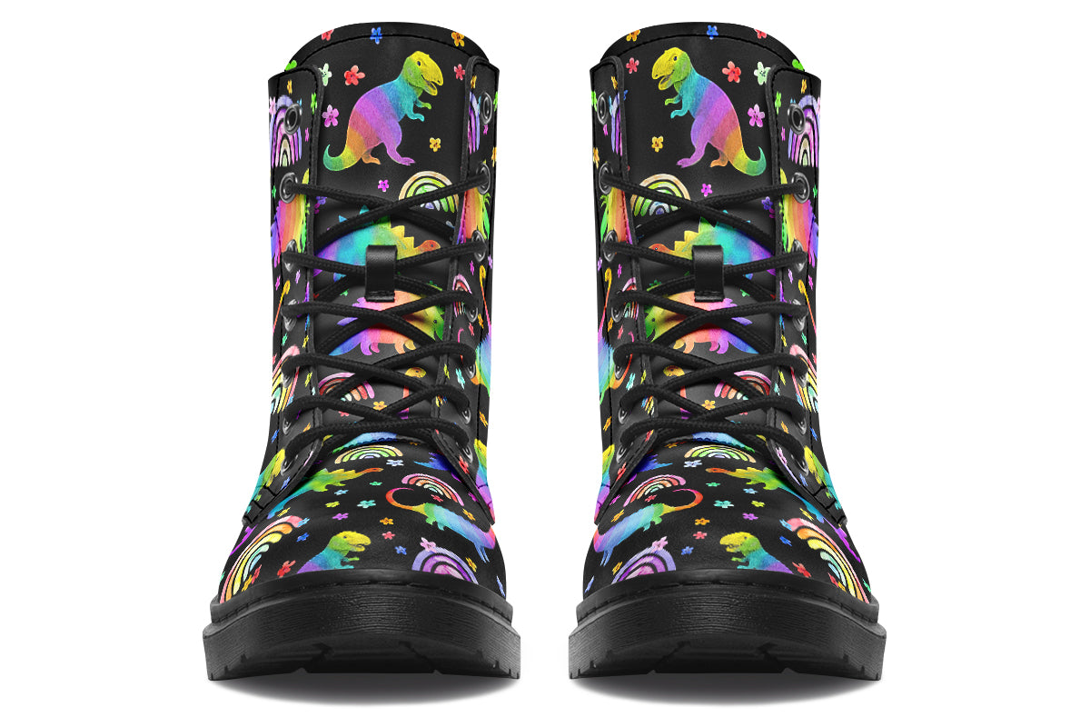 Black boots with colourful rainbow gradient dinosaur pattern