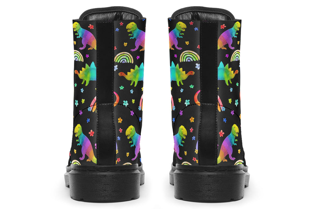 Black boots with colourful rainbow gradient dinosaur pattern