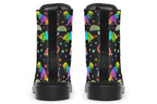 Black boots with colourful rainbow gradient dinosaur pattern