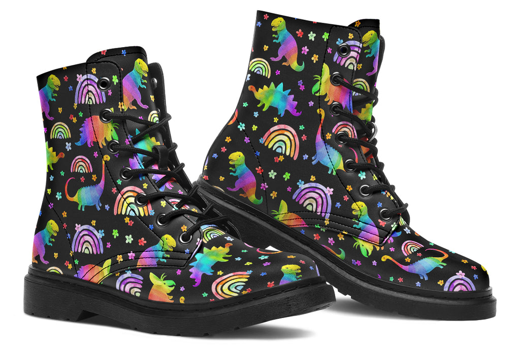 Black boots with colourful rainbow gradient dinosaur pattern
