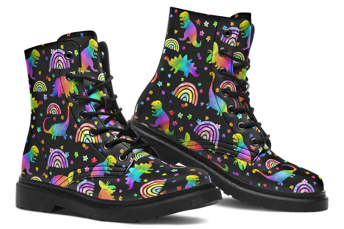 Black boots with colourful rainbow gradient dinosaur pattern
