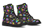 Black boots with colourful rainbow gradient dinosaur pattern