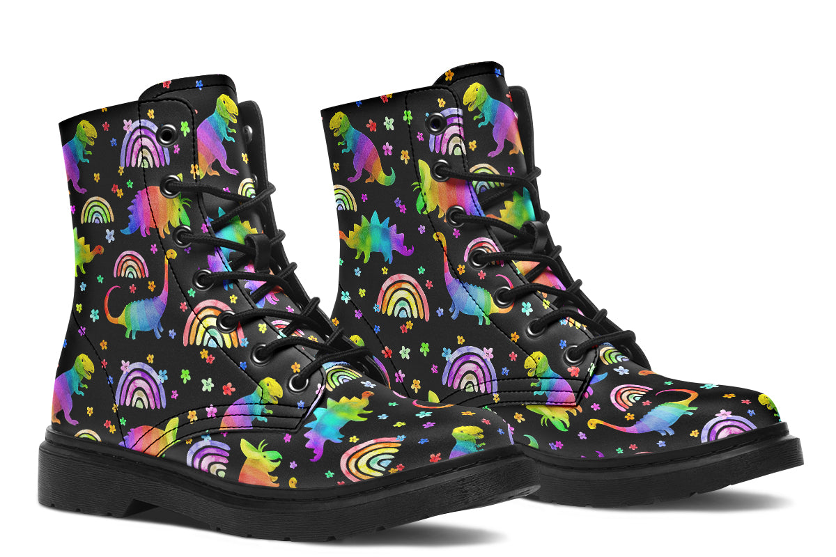Black boots with colourful rainbow gradient dinosaur pattern