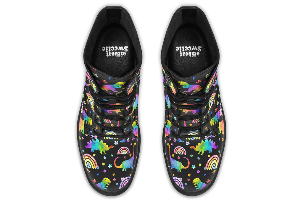 Black boots with colourful rainbow gradient dinosaur pattern