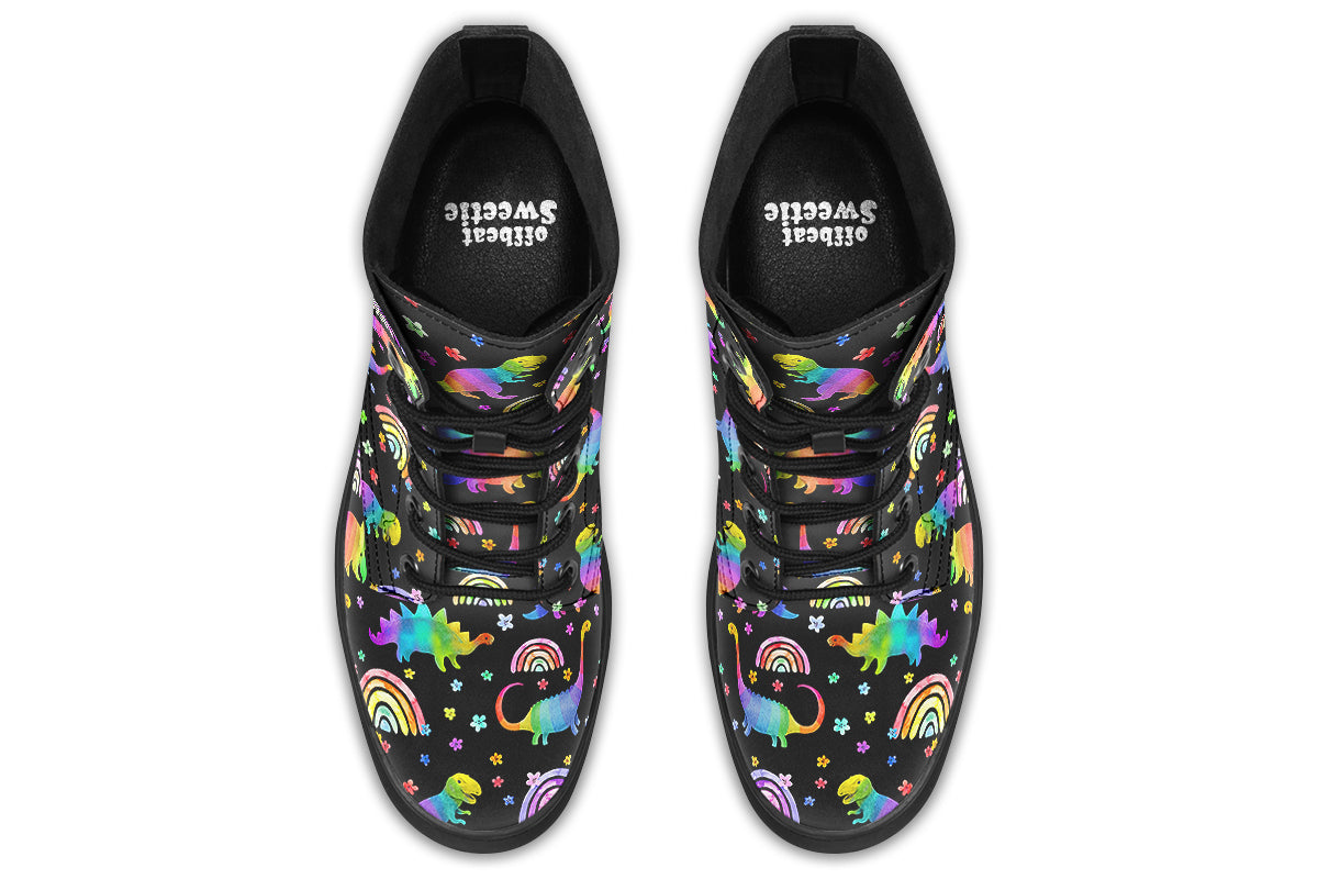 Black boots with colourful rainbow gradient dinosaur pattern