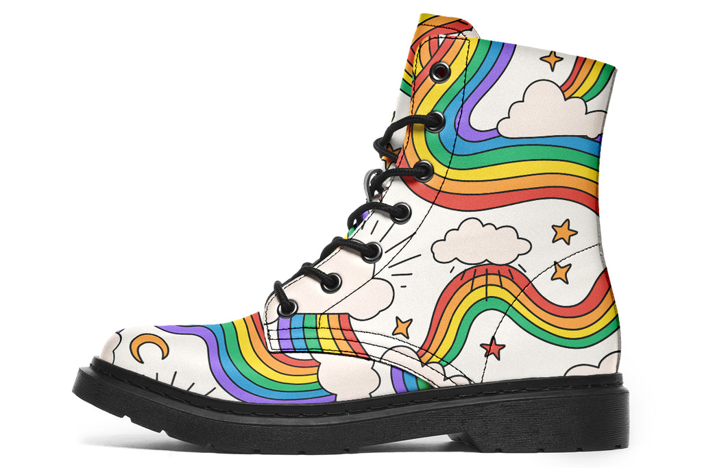 White boots with a pattern of rainbows and clouds