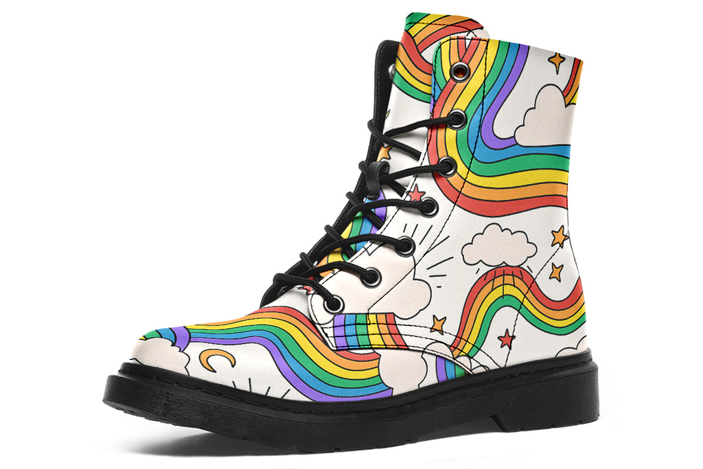 White boots with a pattern of rainbows and clouds