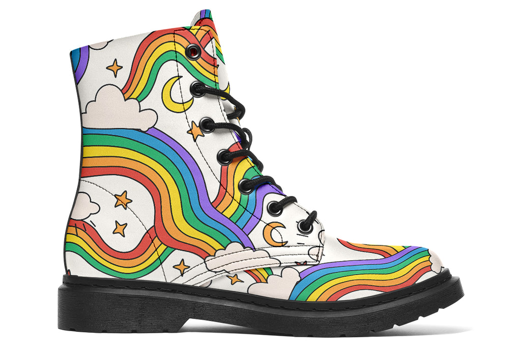 White boots with a pattern of rainbows and clouds